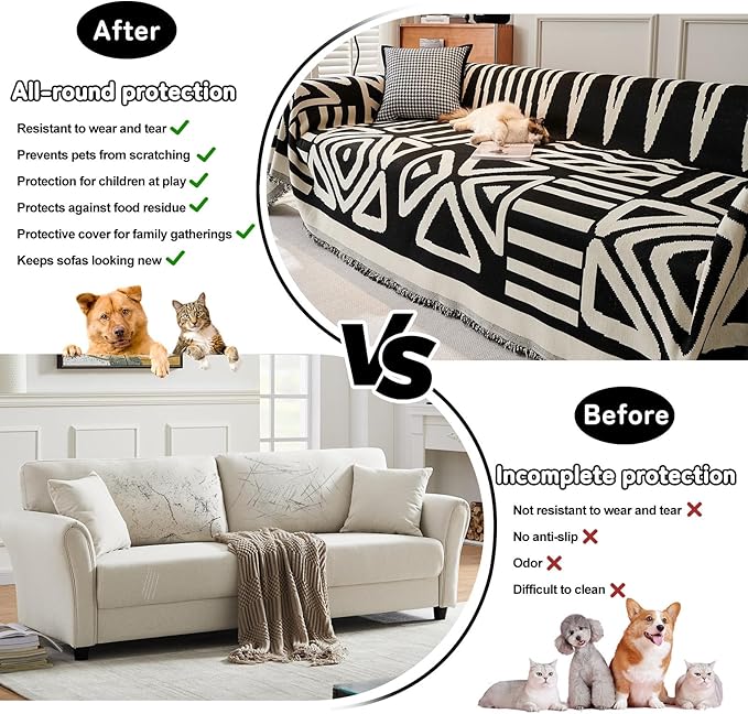 HANDONTIME Boho Sofa Covers for Dogs Black Couch Sofa Covers for 3 Cushion Couch Sofa Beige Chenille Sofa Slipcover Washable Sectional l Shaped Covers Pets Protector Furniture Covers, 91" X134"
