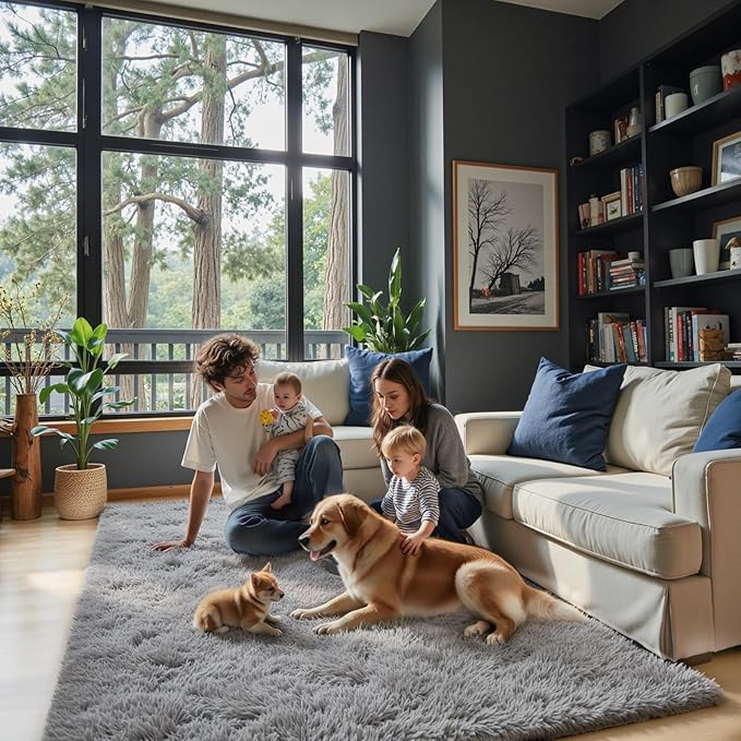 5x8 Feet Grey Fluffy Shag Area Rugs for Living Room, Modern Fluffy Shaggy Carpets for Teens Dorm Nursery Home, Non Slip Indoor Rugs Fuzzy Floor Carpet(5 x 8, Light Grey)