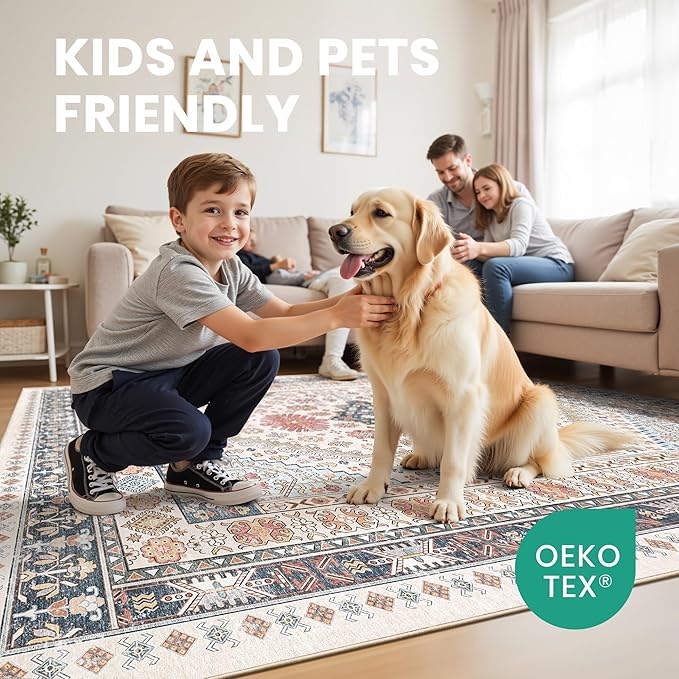 zesthome 8x12 Area Rugs for Living Room,Non-Slip Backing Washable Rugs,Vintage Large Area Rug，Stain Resistant Home Decor Rug (Multi,8'x12')