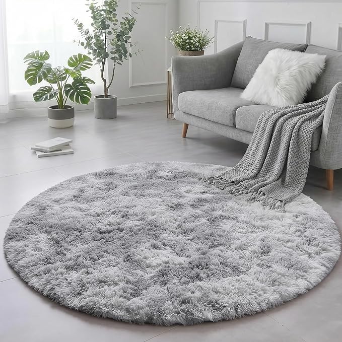Amdrebio Tie-Dyed Light Grey Round Rugs for Living Room, 8x8 Rug, Extra Large Circle Area Rug for Bedroom, Soft Fluffy Carpet, Modern Floor Circular Rug, Big Shaggy Farmhouse Rug for Apartment
