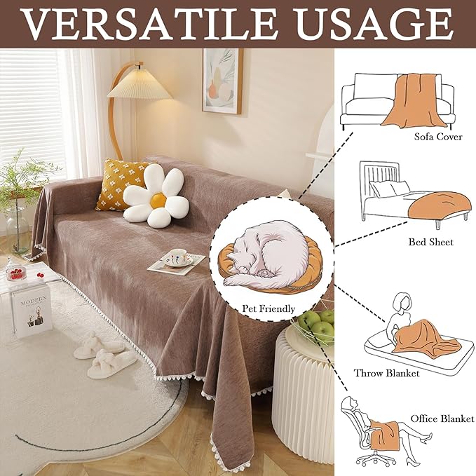 HANDONTIME Brown Sofa Covers Simple Couch Cover for Pet White Floral Couch Cushion Covers for L Shape Chocolate Sofa Throw Cover Sectional Couch Covers for Living Room Machine Washable, 71" X150"