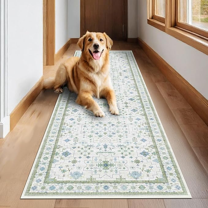 Hazo Haus Oushak 3x16 Wide Hallway Runner Rug - Vintage Turkish Floral, Washable Low Pile Non Slip 16ft Extra Long Runners for Large Kitchen, Hall Way - Light Blue and Green Décor