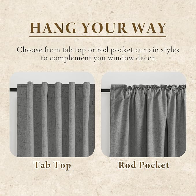 RYB HOME Grey Linen Blackout Curtains for Sliding Glass Door, 100% Blackout Linen Textured Thermal Privacy Modern Drape Panels for Dining Room Large Window, 52" W x 84" L, 2 Panels Set