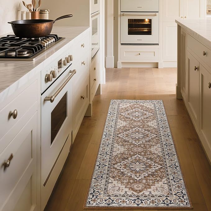 Lofus 2x6 Runner Rug for Hallways, Washable Kitchen Rugs, Non-Slip Rugs for Entryway and Bedroom, Vintage Boho Carpet, Soft Low Pile Long Runner Area Rug, Floral Brown
