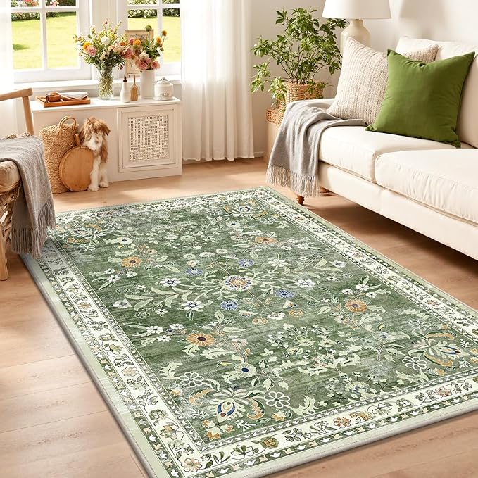 Yamaziot Washable Area Rug 3x5 – Small Non Slip Boho Area Rug for Bedroom, Low Pile Distressed Carpet for Living Room, Bedroom, Kitchen, Entrance, Green