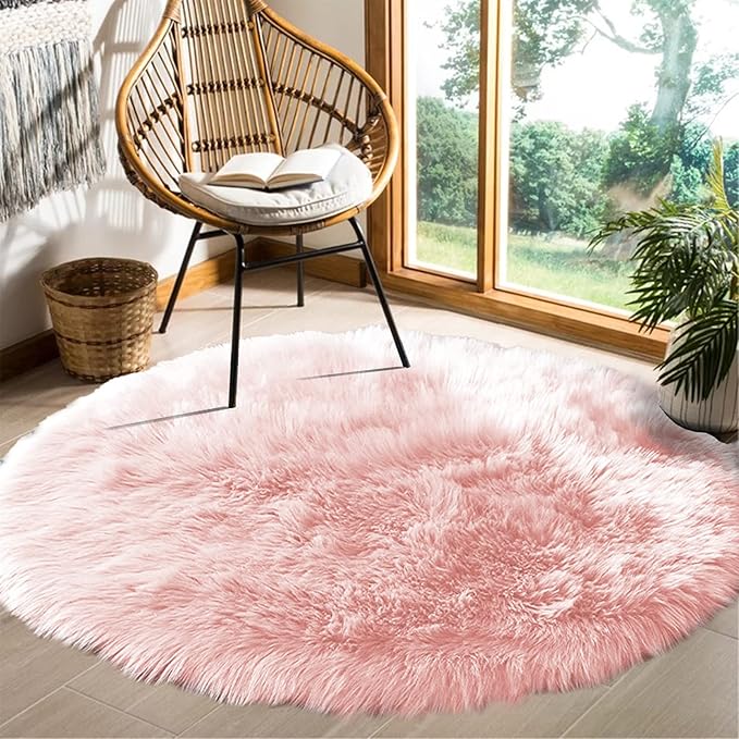 Goolela Pink Round Rug 6ft Circle Fluffy Fuzzy Furry Carpet for Girls Bedroom Faux Sheepskin Fur Plush Soft Washable