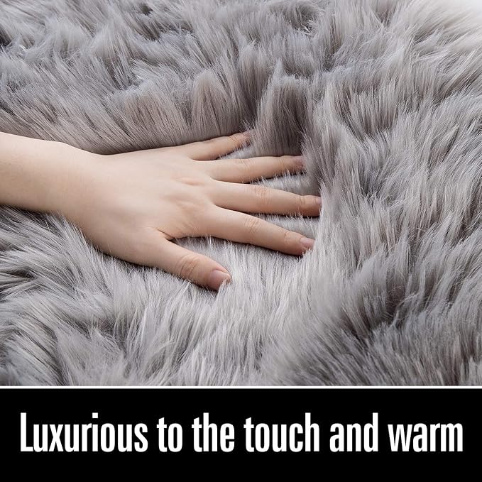 LOCHAS Soft Fluffy Faux Fur Rugs for Bedroom Bedside Rug 2x3 Feet, Washable, Furry Sheepskin Area Rug for Living Room Girls Room, Luxury Shag Carpet Home Decor, Grey