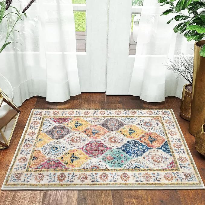 HEBE Washable Area Rug - 2'x3' Non Slip Soft Distressed Medallion Bedroom Boho Living Room Accent Throw Vintage Entry Floor Carpet for Dining Room Bathroom Entryway