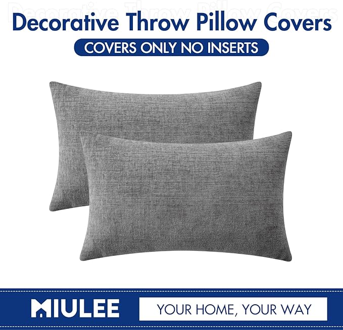 MIULEE Pack of 2 Couch Throw Pillow Covers 12x20 Inch Soft Dark Gray Chenille Lumbar Pillow Covers for Sofa Living Room Solid Dyed Cases