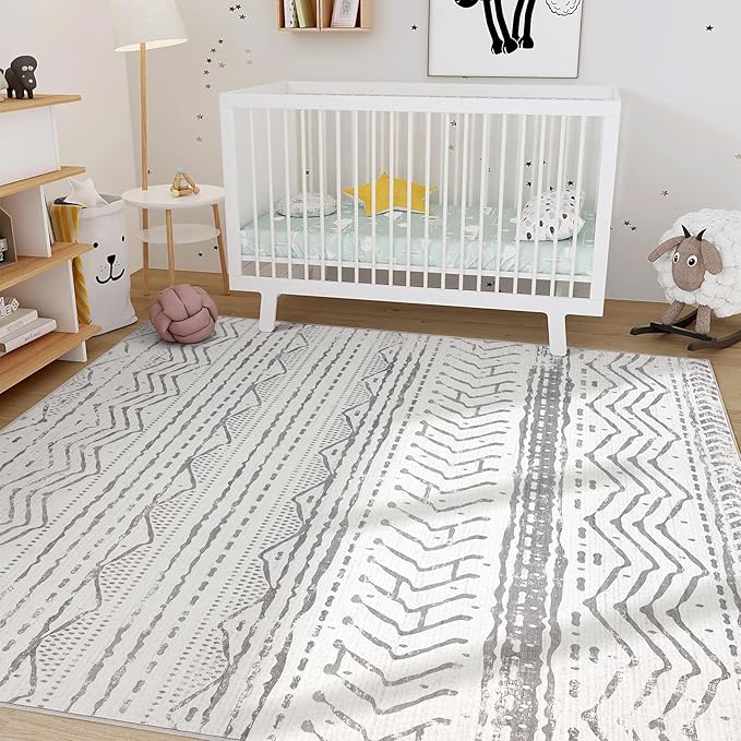Nakagishi Area Rugs 8x10 Living Room: Washable Boho Large Neutral Soft Farmhouse Rug Stain Resistant Modern Geometric Non Slip Indoor Floor Carpet for Bedroom Nursery Kids Playroom Office- Gray White