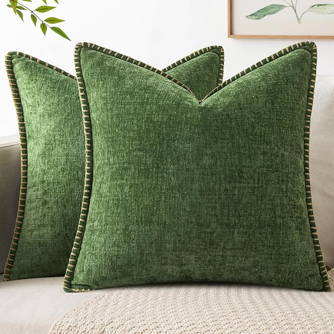 MIULEE Pack of 2 Couch Pllow Covers 18x18 Inch Moss Green Farmhouse Decorative Throw Pillow Covers with Stitched Edge Soft Chenille Solid Dyed Pillow Covers for Sofa Bed Living Room