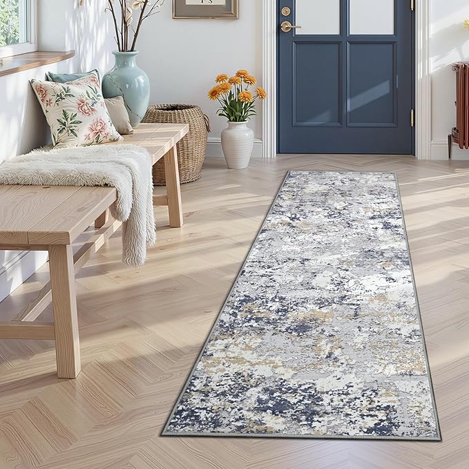 Toneed Entryway Runner Rug 2x6 for Hallway Kitchen, Washable Non-Slip Rug Runner for Indoor Entrance, Laundry Room, Bedroom, Low Pile, Abstract Blue White Gold