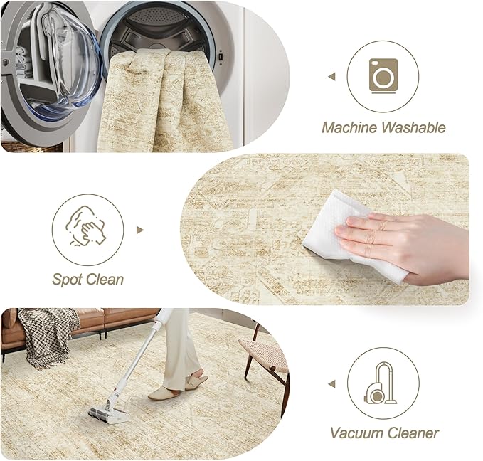 Soalmost Washable Area Rug 8x10, Large Soft Rugs for Living Room Vintage Beige 8x10 Area Rugs for Bedroom Dining Room Floral Non-Slip Thin Rug