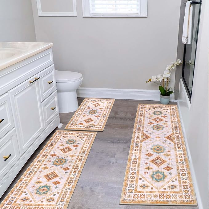 HEBE Boho Kitchen Rug Sets 3 Piece with Runner Non Slip Kitchen Rugs and Mats Washable Kitchen Mats for Floor Thick Kitchen Floor Mat Carpet Runner Rugs for Hallway Laundry Holiday Decor