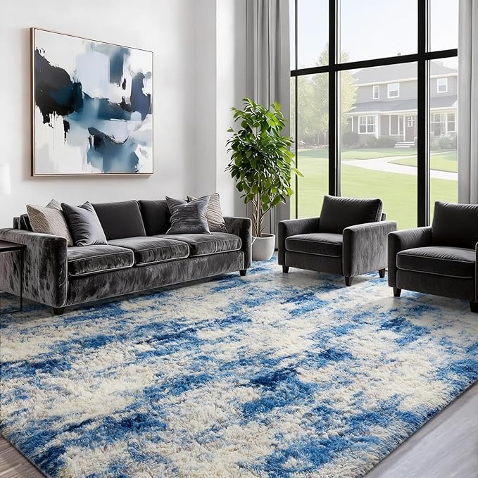 Ophanie Blue White and Grey Area Rugs for Living Room 6x9, Fluffy Shag Large Fuzzy Plush Soft Carpets, Floor Shaggy Rugs for Bedroom, Carpet for Kids Boys Girls Dorm Nursery Home Decor Aesthetic