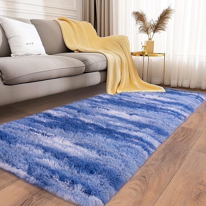 Soft Runner Rugs for Bedroom Hallways, 2x5 Abstract Blue White Fluffy Shag Throw Area Rug Non Slip for Bedside Dorm, Long Shaggy Furry Carpet for Nursery Living Room