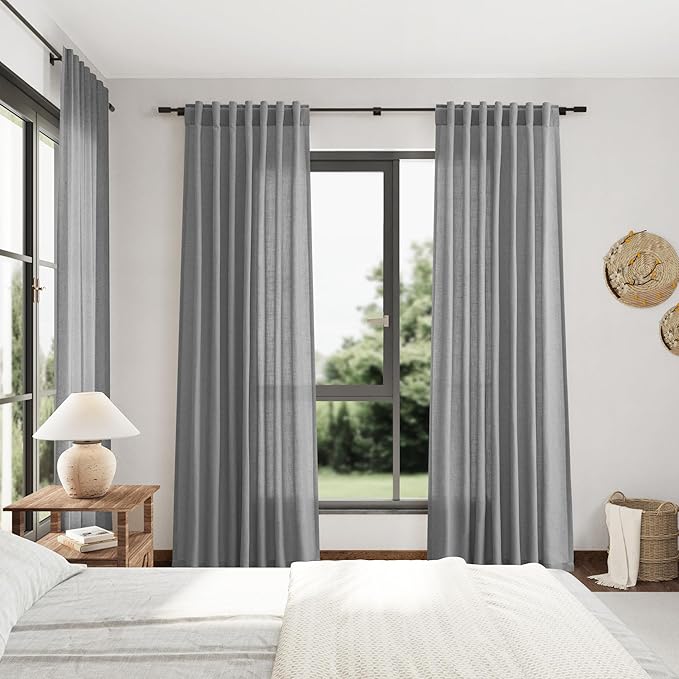 Dark Grey Linen Curtains 96 Inches Long for Living Room Burlap Textured Linen Drapes Rod Back Tab Vintage Rustic Farmhouse Light Filtering Curtain 96 Inch Length for Dinning Room Bedroom 52x96