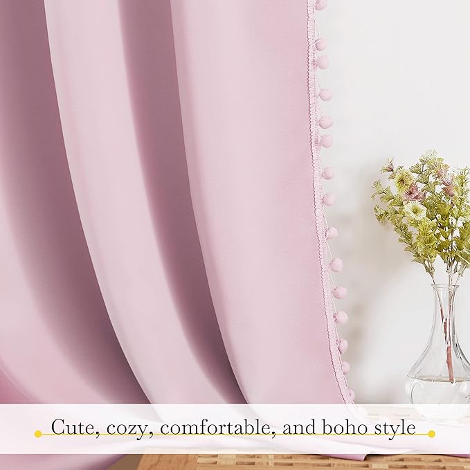 NICETOWN Pom Pom Blackout Curtains for Girls Bedroom Boho Pink Window Curtains for Nursery Rod Pocket Thermal Insulated Living Room Darkening Curtain Panels for Play Room, 52" W x 84" L, 2 Panels