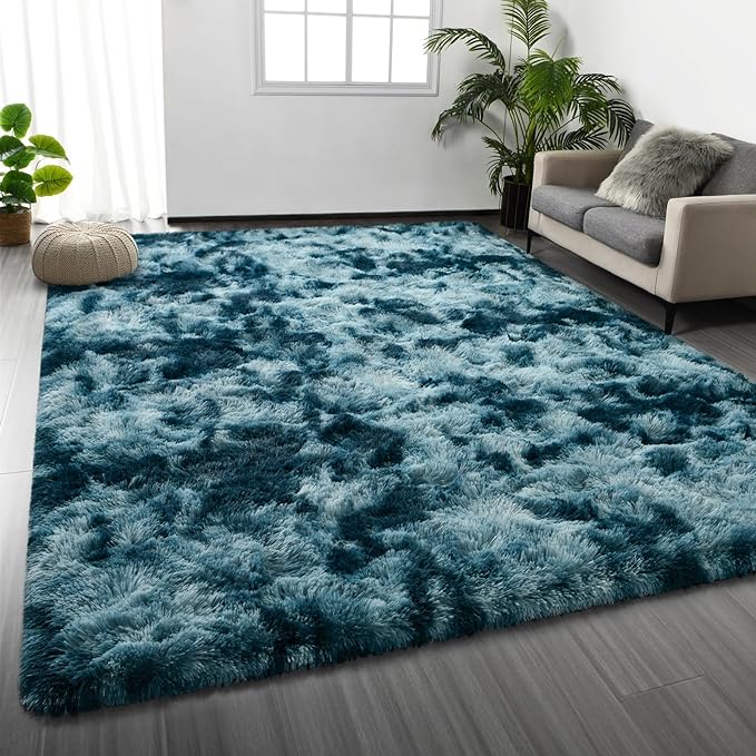 Deerhoo Large Shag Area Rugs 6 x 9, Tie-Dyed Plush Fuzzy Rugs for Living Room, Ultra Soft Fluffy Furry Rug for Bedroom, Indoor Carpet Nursery Rugs for Kids Room Home Decor, Peacock Blue
