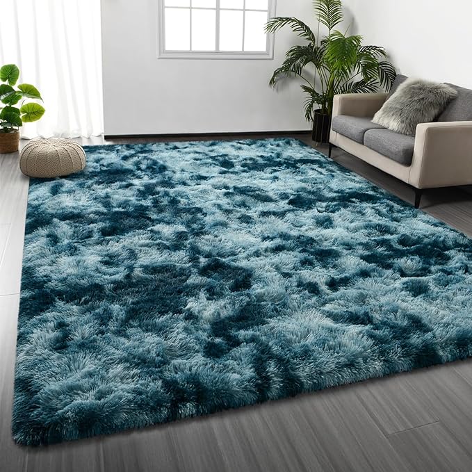 Deerhoo Shag Area Rug, 4 X 6 Tie-Dyed Plush Fuzzy Rugs for Living Room, Ultra Soft Fluffy Furry Rug for Bedroom, Indoor Carpet Nursery Rugs for Kids Room Home Decor, Peacock Blue