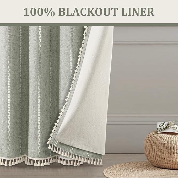 Boho Blackout Curtains 96 Inches Long Sage Green Linen Blend 2 Panels with Tassels and Cotton Embroidery, Farmhouse Vintage Rustic Rod Pocket Drapes for Living Room or Bedroom