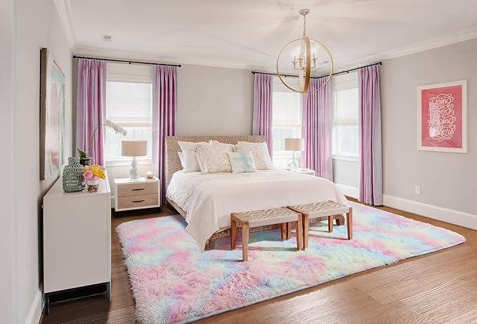 ONASAR Rainbow Area Rugs for Living Room, 5x8 Fluffy Girls Bedroom Rug, Indoor Ultra Soft Plush Shaggy Large Floor Carpets for Nursery Kids Baby Boys Teen Dorm Playroom Home Decor Aesthetic