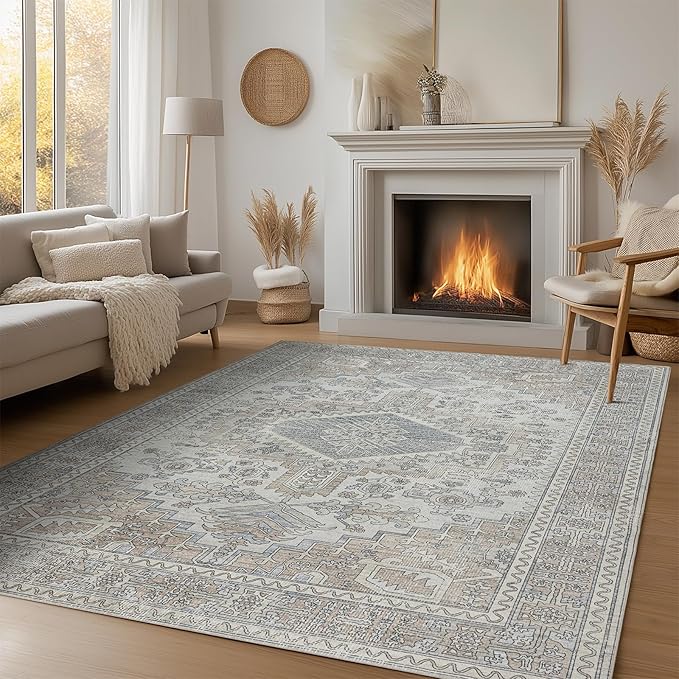 Machine Washable Rugs 8x10 Area Rugs for Living Room,Ultra Soft Low Pile Retro Rugs for Bedroom,Dining Room,Large Non Slip Carpet Vintage Distressed Accent Rug for Farmhouse Office Home Decor