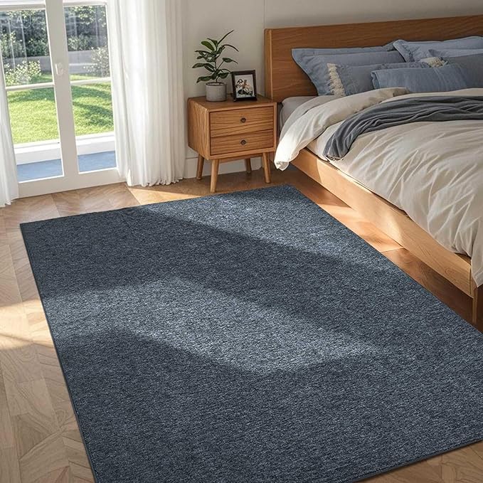 FinRèc 4x6 Washable Area Rugs for Bedroom Living Room, Low Pile Thin Rug Solid Color, Non-Slip Carpet Indoor for Home Decor (Navy Blue)