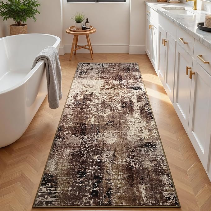 Runner Rug for Kitchen Coffee Hallways Runner Rug Non Slip 2'6''x8' Washable Brown Long Runner Rugs with Rubber Backing Soft Abstract Carpet Runner for Entryway, Kitchen, Bedroom, Bathroom