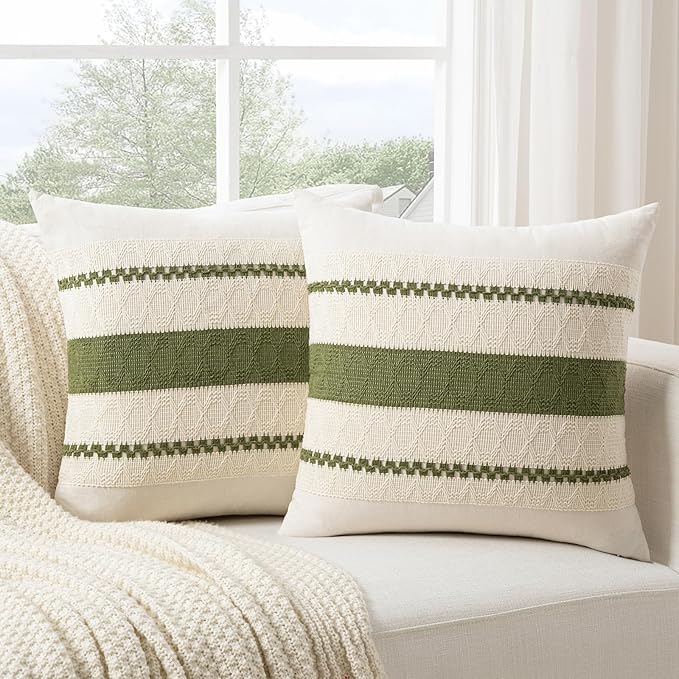 Fancy Homi Set of 1 Boho Moss Green Decorative Throw Pillow Cover 20x20 Inch for Couch Bed Sofa, Aesthetic Modern Organic Farmhouse Home Decor, Soft Cotton Cute Accent Macrame Woven Cushion Case