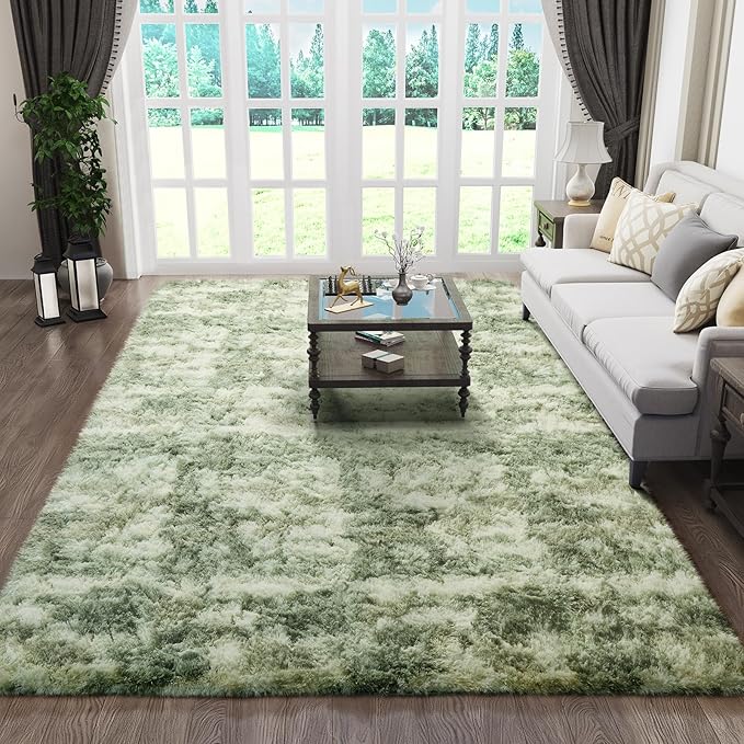 Ophanie Green and White Area Rugs for Living Room 6x9, Fluffy Shag Large Fuzzy Plush Soft Carpets, Floor Shaggy Rugs for Bedroom, Carpet for Kids Boys Girls Dorm Nursery Home Decor Aesthetic