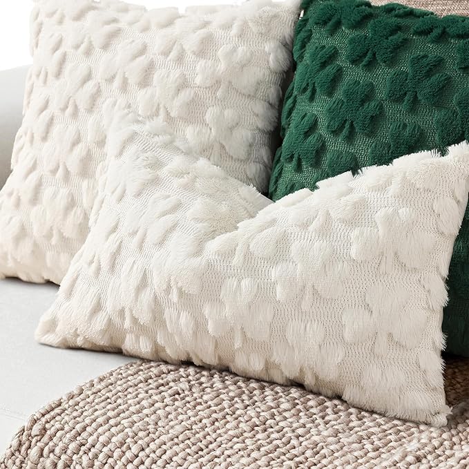 decorUhome St. Patrick’s Day Shamrock Pillow Covers 12x20 Inch Set of 2, Soft Plush Faux Wool Cream White Throw Pillow Covers, Farmhouse Spring Holiday Decor for Sofa Living Room