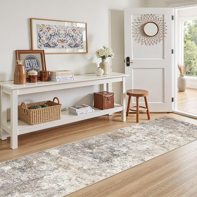 UERMEI 2X8 Washable Runner Rug for Hallway: Soft Neutral Modern Abstract Area Rug - Non-Slip Low Pile Long Throw Indoor Carpet for Kitchen Entryway Kitchen Bedroom Laundry- Brown Grey