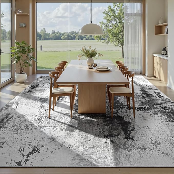 Living Room Rug 7x10 Ink Black Area Rugs Machine Washable Abstract Boho Large Rug Non-Slip Non-Shedding Faux Wool Indoor Vintage Carpet for Bedroom, Classroom, Dining Room, Kids Playroom
