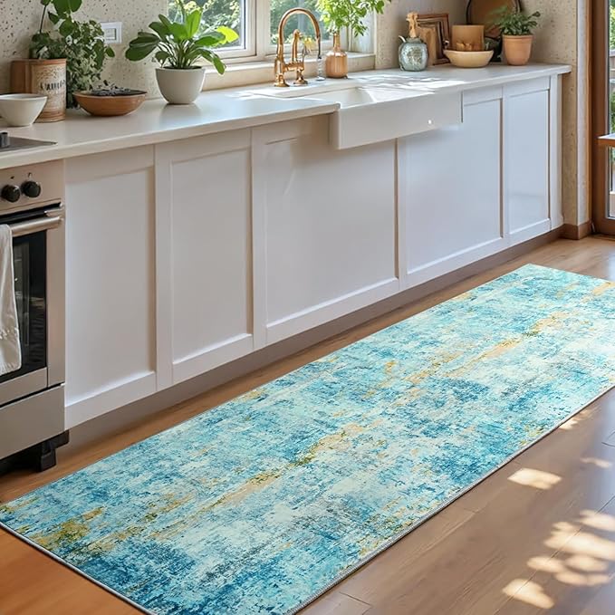 2x6 Teal Blue Rug Runners for Hallways Kitchen Runner Rug Non Slip Washable Long Runner Rugs with Rubber Backing Soft Abstract Carpet Runner for Bedroom, Kitchen, Bathroom, Entryway