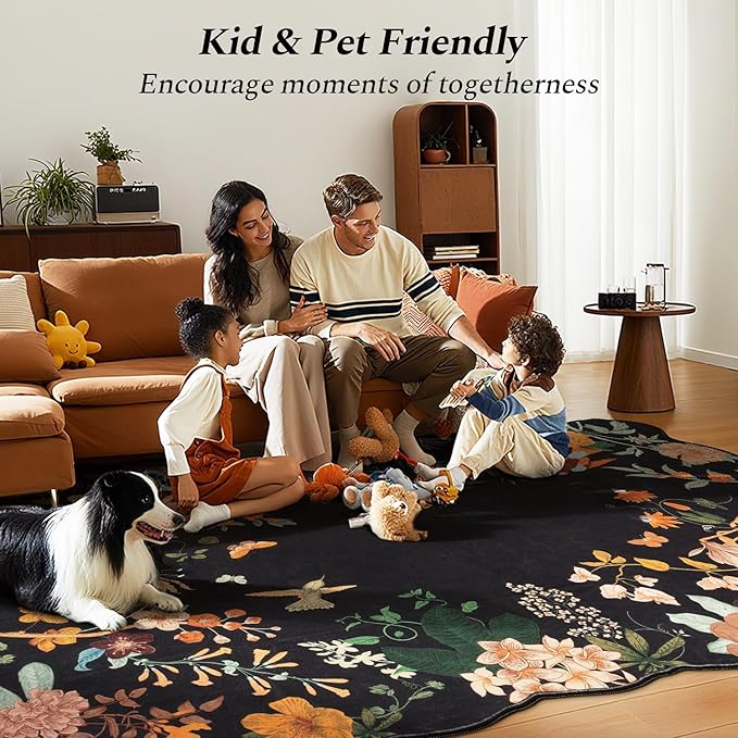Rugflix 5x7 Floral Area Rug for Living Room, Bedroom, Machine Washable Rugs with Non-Slip Backing, Indoor Low Pile Carpet for Dining Room, Nursery, Kids Pet Friendly