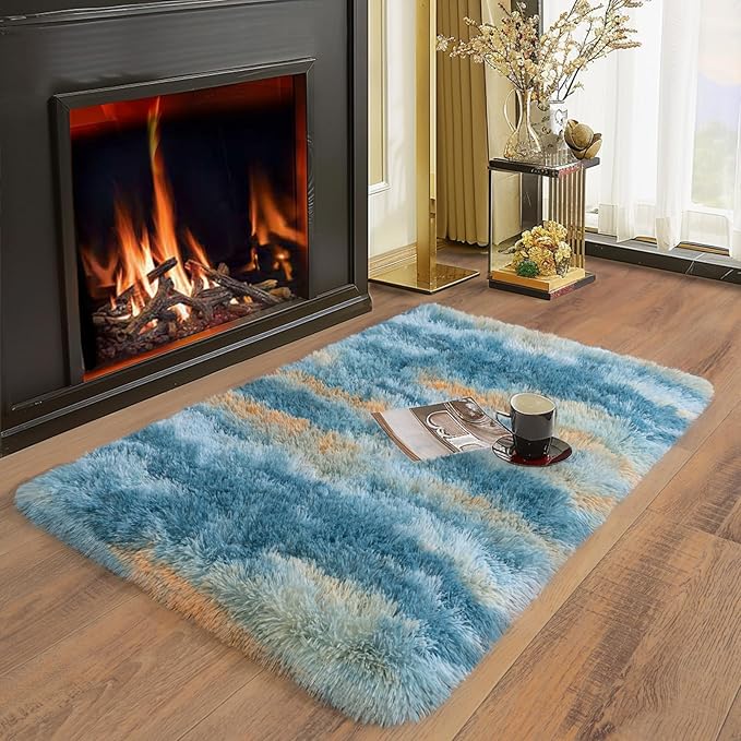 Soft Runner Rugs for Bedroom Hallways, 2x3 Abstract Blue Fluffy Shag Throw Area Rug Non Slip for Bedside Dorm, Long Shaggy Furry Carpet for Nursery Living Room