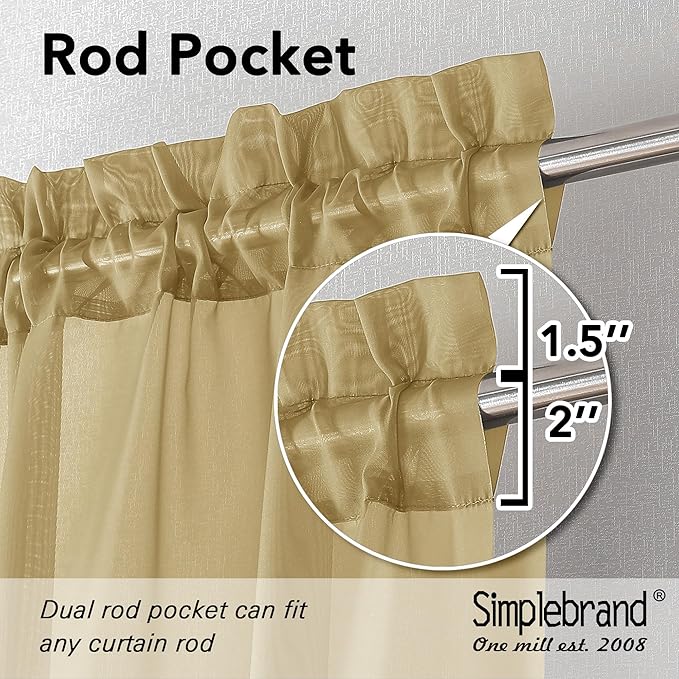Simplebrand Gold Sheer Valances 14 Inches Long for Living Room Pocket 2 Panel Light Filtering Sheer Translucent Valence Toppers for Window Kitchen Bathroom Bedroom Ivory 42x14 Inch Length