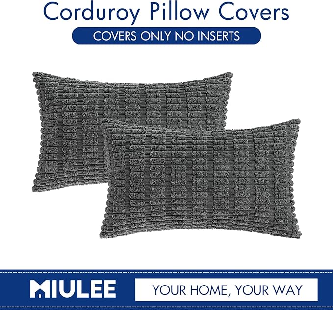 MIULEE Pack of 2 Corduroy Decorative Lumbar Throw Pillow Covers 20x12 Inch Soft Boho Striped Pillow Covers Modern Farmhouse Home Decor for Sofa Living Room Couch Bed Dark Grey