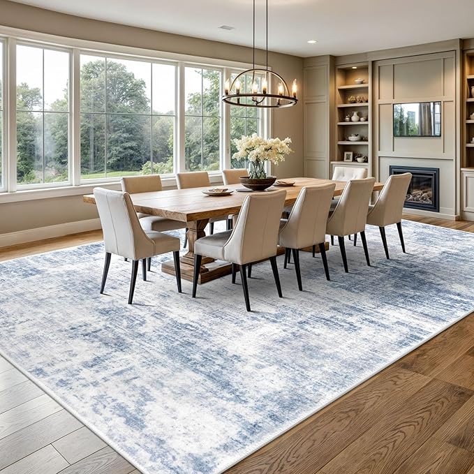 IOHOUZE Abstract Area Rugs 9x12 Ft Washable Large Rugs for Living Room, Non Slip Dining Room Rug, Printed Faux Wool Rugs for Bedroom, Floor Carpet for Office Nursery Playroom, Light Blue Grey