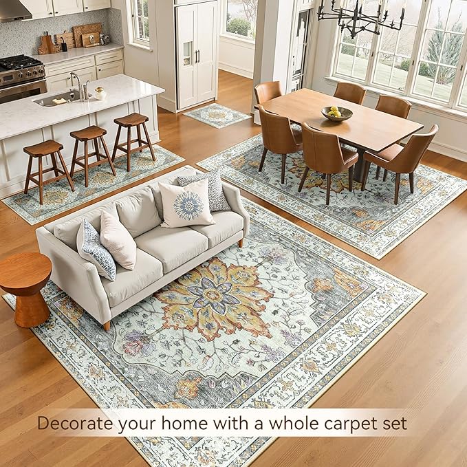 RELEANY Area Rugs 5'x8' Washable Non-Slip, Floral Vintage Distress Print Pattern Medallion Carpet for Living Room Bedroom Dining Room, Light Yellow Carbon Grey Orange