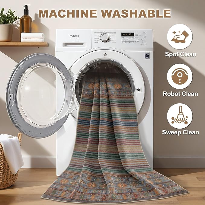 Nakagishi 8X10 Area Rugs Living Room: Washable Large Vintage Rug Neutral Non-Slip Soft Stain Resistant Indoor Carpet for Bedroom Nursery Dining Room Office Playroom - Multi Color