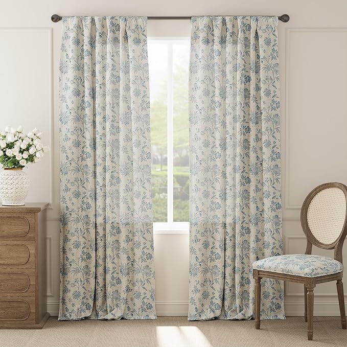 jinchan Linen Floral Curtains for Living Room with Printed Flower 96 Inches Long Light Filtering French Country Back Tab Rod Pocket Blue Window Curtain Set Farmhouse Drapes 2 Panels Blue