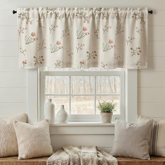 Kitchen Valances for Windows, Floral Embroidered Spring Linen Blend Farmhouse Cottage Vintage Light Filtering Valance Rod Pocket Window Treatment, 52 x 18 Inch, 1 Panel