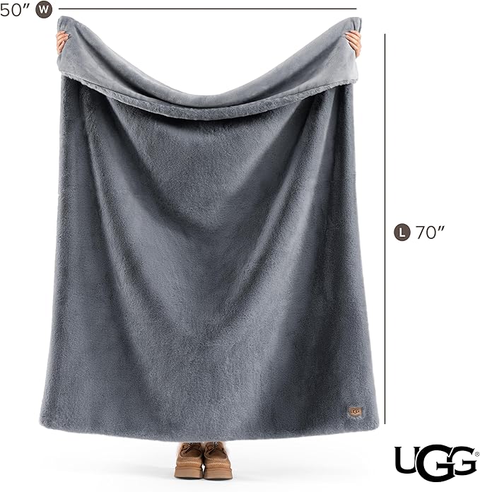 UGG Euphoria Faux Fur Throw Blanket, Oversized Soft Throw for Couch or Bed, Luxury Room Decor, Giftable Fuzzy Blankets, Machine Washable, 50-inch x 70-inch, Chambray Blue Grey