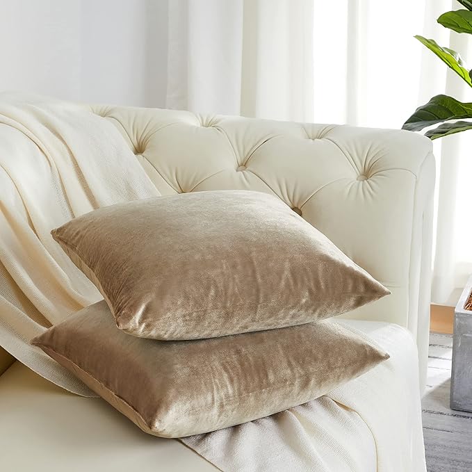 GIGIZAZA Decorative Throw Pillow Covers 20x20,Set of 2 Taupe Square Couch Pillow Covers,Velvet Sofa Boho Cushion Pillows