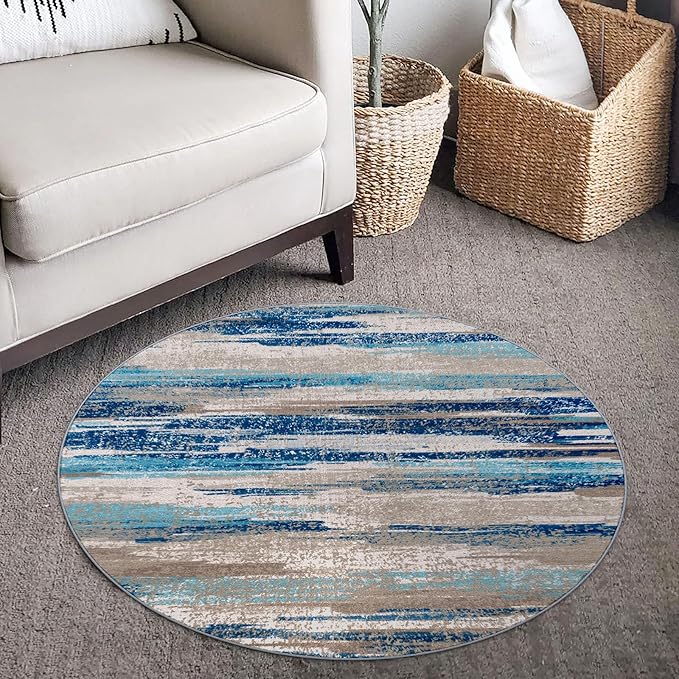Lansny Modern Abstract Round Rug 3Ft, Blue Round Rug Washable Non-Slip Soft Small Circle Rug, Circular Entryway Rugs Thin Print Faux Wool Carpet Accent Rug for Bedroom Living Room Office Under Desk