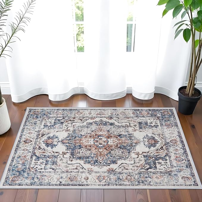 Hallway Washable Runner Rug - 2x3 Kitchen Rugs Entryway Rug Runner Vintage Soft Floor Mat Non Slip Indoor Farmhouse Carpet for Bathroom Living Room Bedroom (2 X 3, Brick)