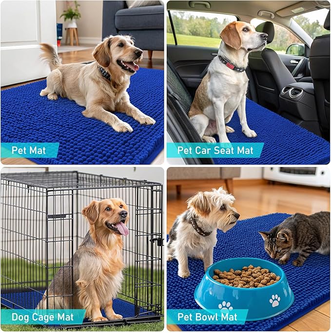 OLANLY Dog Door Mat for Muddy Paws 24x16, Absorbs Moisture and Dirt, Absorbent Non-Slip Washable Doormat, Quick Dry Chenille Mud Mat for Dogs, Entry Indoor Entryway Carpet for Inside Floor, Royal Blue