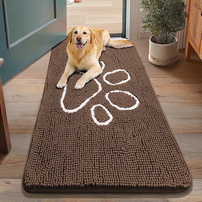 Smiry Dog Door Mat for Muddy Paws, Absorbent Dirt Trapper Non Slip Quick Dry Washable Chenille Mat for Mud Dogs, Entry Rug for Indoor and Outdoor (48x30 Inches, Coffee and White)
